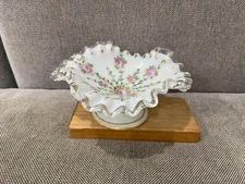 Vintage Painted Glass Compote / Candy Dish Signed D.O. w/ Roses Decoration