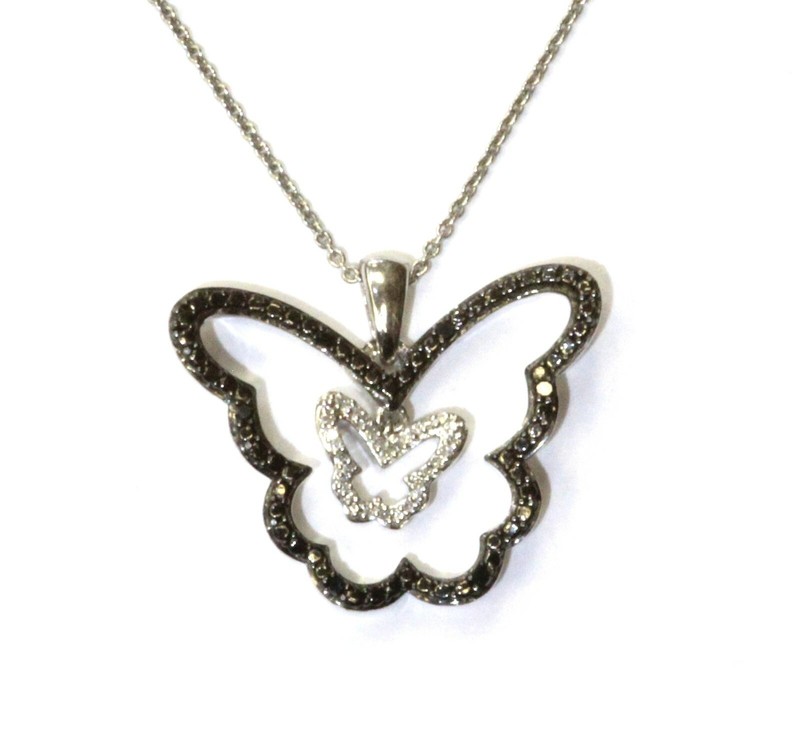 925 Sterling Silver .10ct black white diamond Double Butterfly pendant necklace 