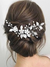 Flower Bride Wedding Hair Vine Silver Leaf Headpieces Pearl Hair Piece Rhines...