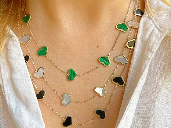 14kt Italian Yellow Gold Heart Station Necklace in Variety of Gems N120