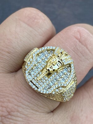 Men's 14k Gold Plated Solid 925 Sterling Silver Egyptian King Pharaoh CZ Ring