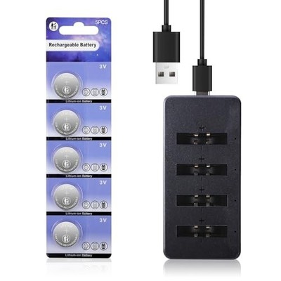 CR2032 Rechargeable Battery with Charger, 5 Pack 2032 LF2032 Lithium 3V Coin Bu