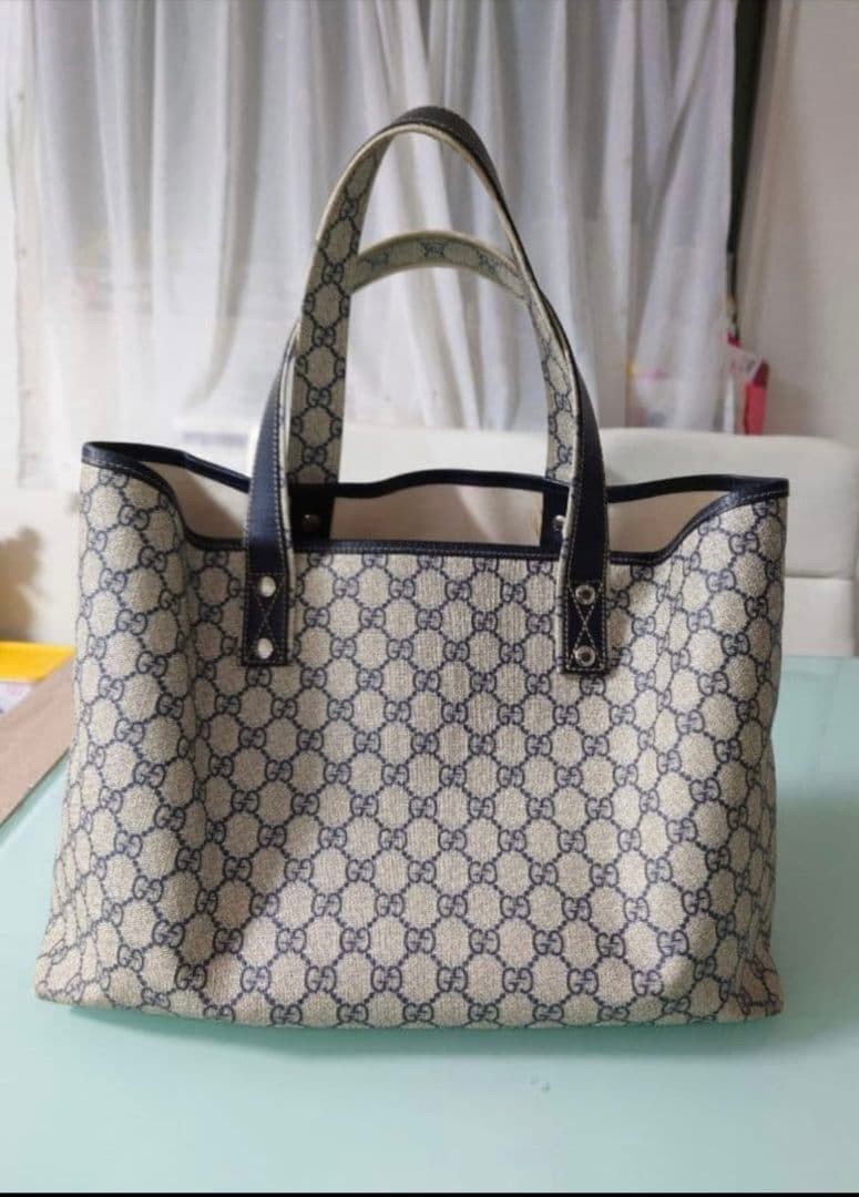 Gucci Tote Bag Canvas GG Pattern Beige Navy Authentic Excellent Condition thumbnail 3