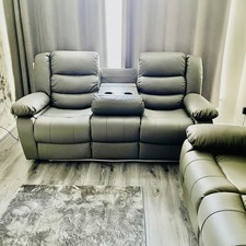 Grey Leather Reclining Sofa with Cup Holders, USB Port & LED Lighting