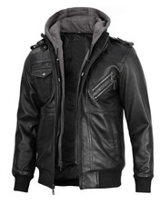 Handmade Black Men's Jacket 100 Real Lambskin Leather with Removeable Hoodie
