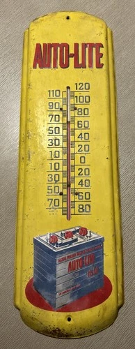 Rare Original Vintage Auto-Lite Battery Metal Thermometer Sign Gas Oil USA
