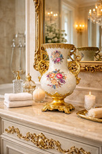 Large Decorative Floral Porcelain Vase Gold & Floral Rococo Style