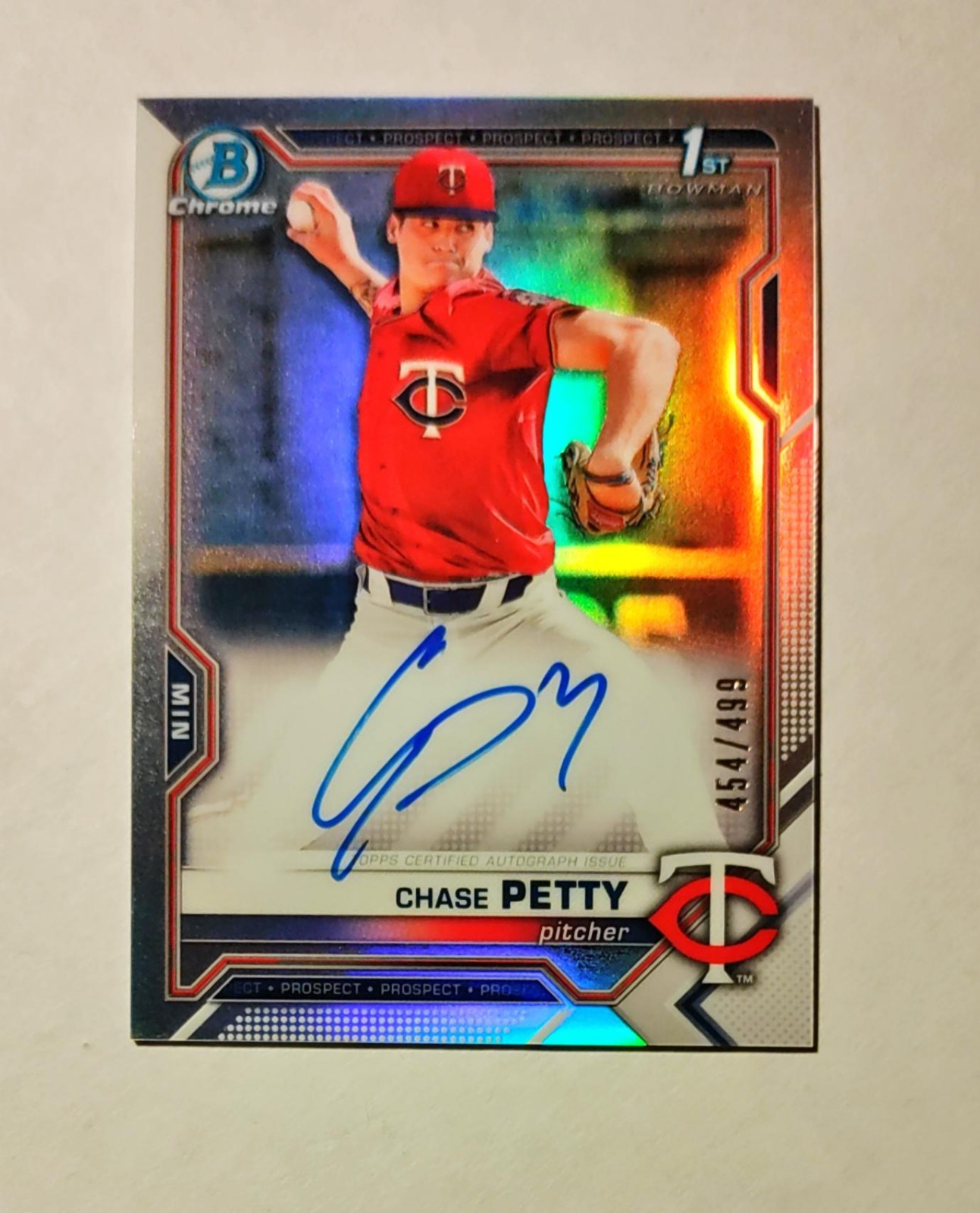 Chase Petty 2021 1st Bowman Chrome AUTO REFRACTOR 454/499 Reds Twins Prospect N6