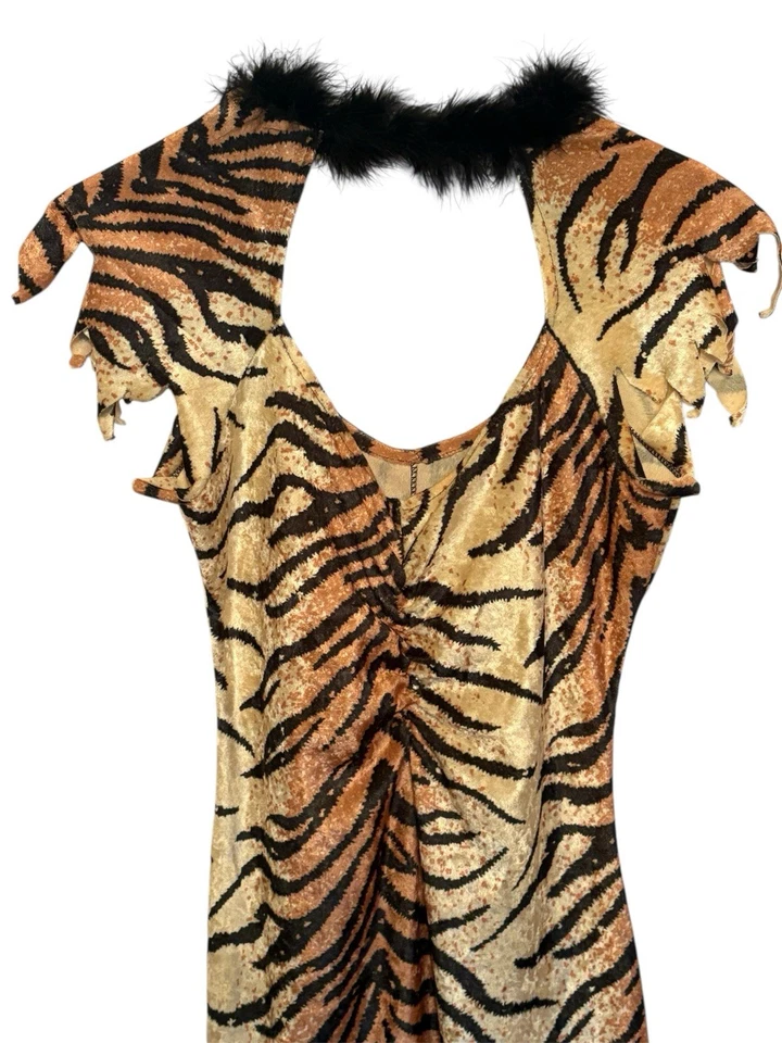 Women’s Tiger Print Dress Feather Trim Costume Cavewoman Size Small - Image 2 of 4