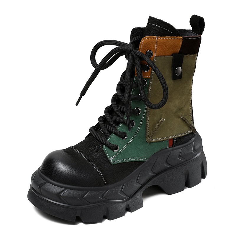 Botas al tobillo de plataforma romana para mujer con retazos pie ancho zapatos de cuero real para dama