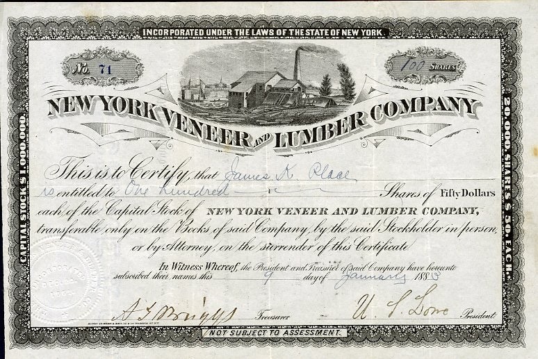 1883 New York Veneer & Lumber Stock Certificate