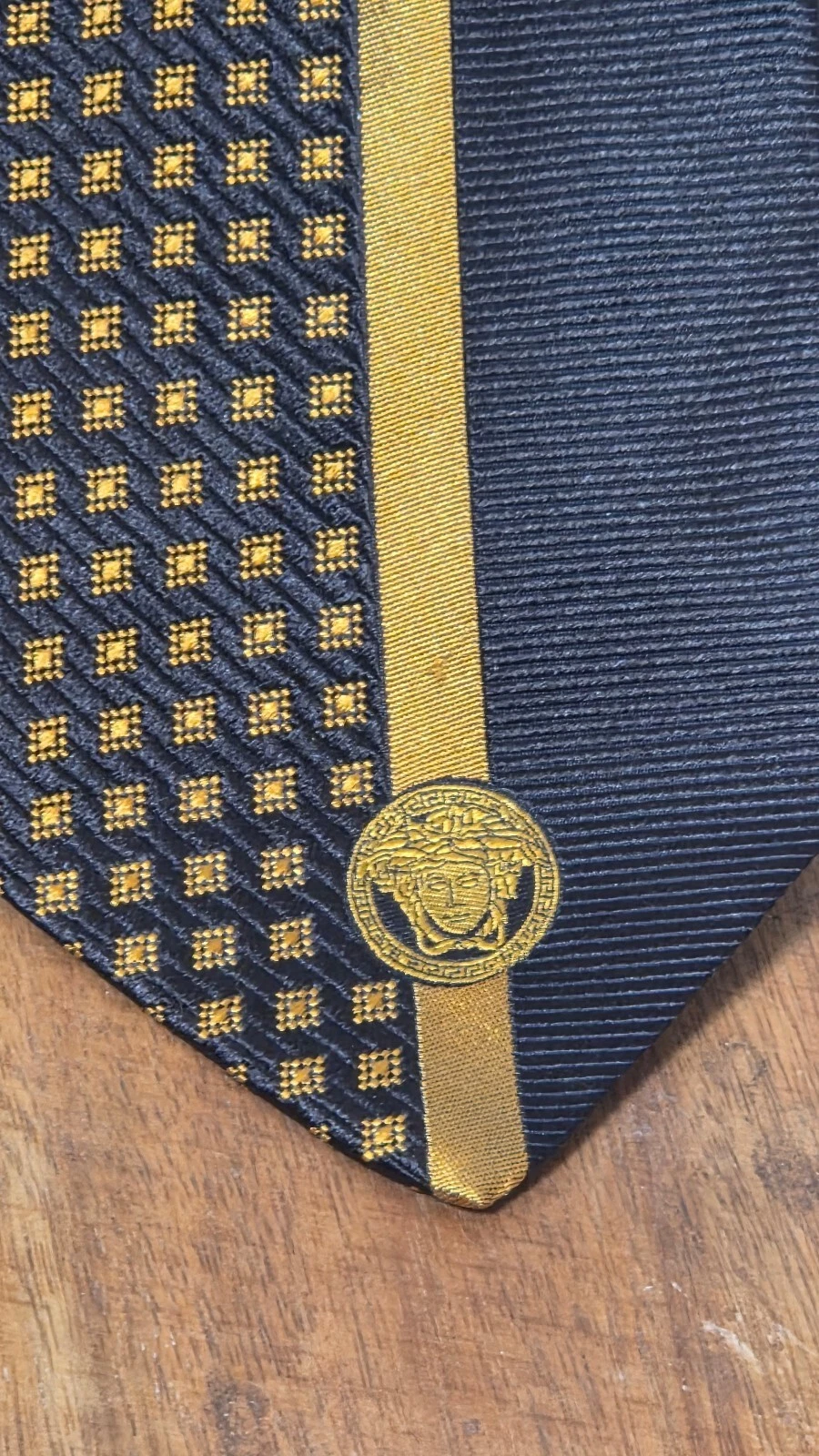 Gianni Versace Vintage Silk Tie Black Gold Medusa Head Geometric Checkerboard image 3