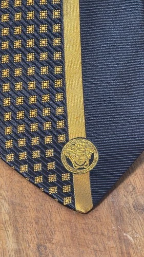 Gianni Versace Vintage Silk Tie Black Gold Medusa Head Geometric Checkerboard image 3