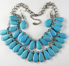 Pretty Turquoise Color Bib Necklace w/ Matching Dangle Earrings Set Teardrops