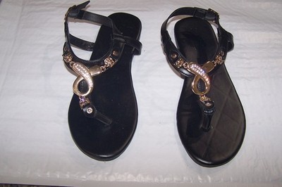 XIN HAO Sandals Women's 10/41 Slingback Black Flip Flops Casual Flats Gold Accen