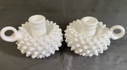 Pair Vintage Fenton Milk Glass Hobnail  Candle Holders 3.5"T x 5"W EUC