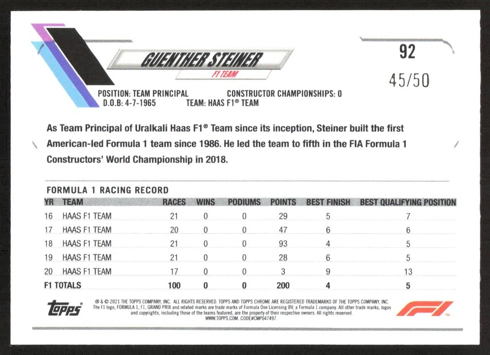 GUENTHER STEINER 2021 TOPPS CHROME FORMULA 1 GOLD CHECKERED FLAG #92 45/50 - Image 2 of 3