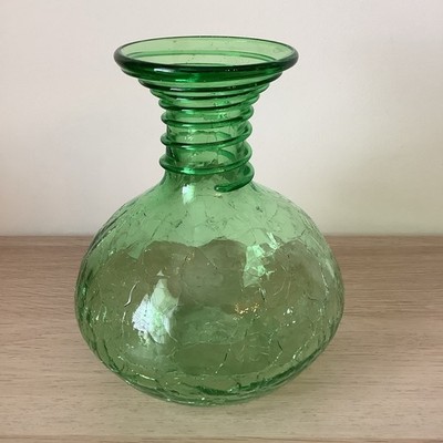 Blenko Green Crackle Vase Artist Signed Dated Swirl Spiral Neck 7'' Vintage USA