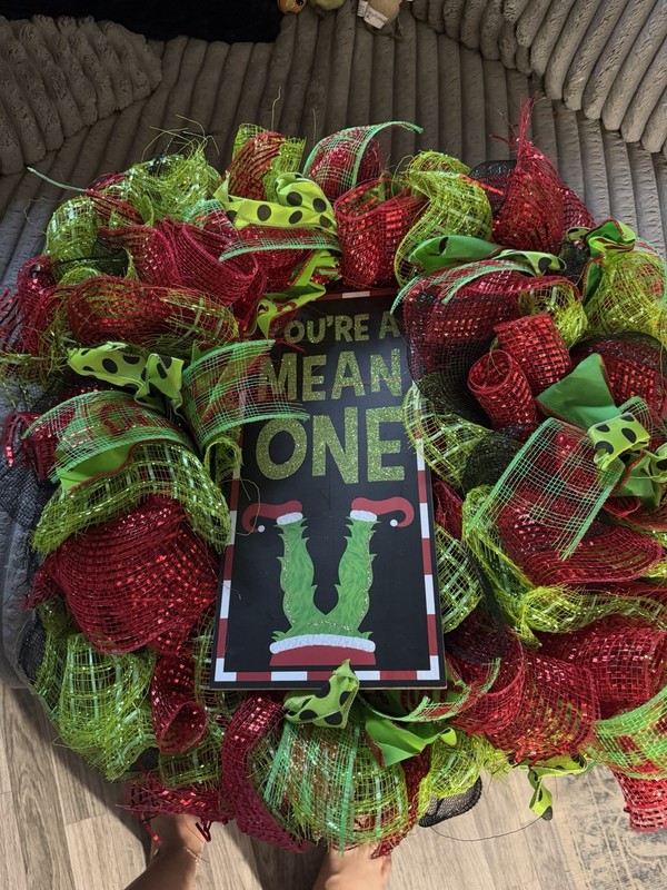 Halloween Artificial Mesh & Fabric Door Wreath “You’re a Mean One” Green Red