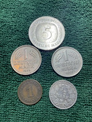 German Coin Lot: 5 DM, 1 Mark 1950 J & 1955 G, Silver 1/2 Mark, 1890 Pfennig