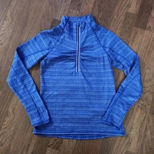90 Degree By Reflex Blue Striped Ruched Quarter Zip Pullover Top Women's S E69