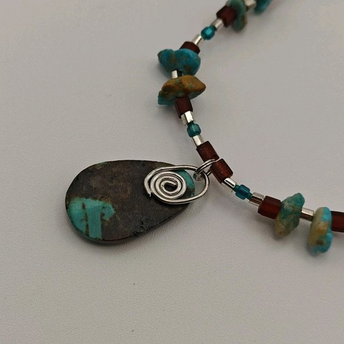 16" Handmade Artisan Turquoise Teal Beaded Pendant Necklace Silver Tone Clasp - Picture 8 of 8
