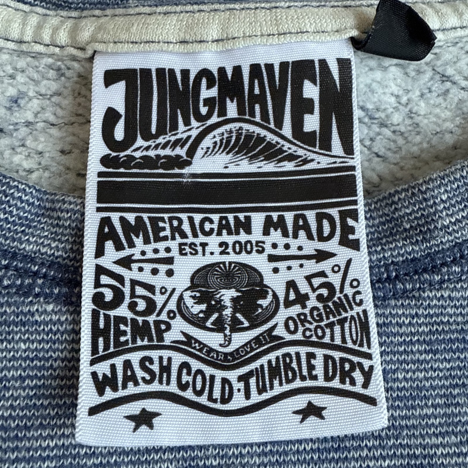 Jungmaven L Large 55% Hemp Organic Cotton Crewneck Sweatshirt Blue Stripe Fleece