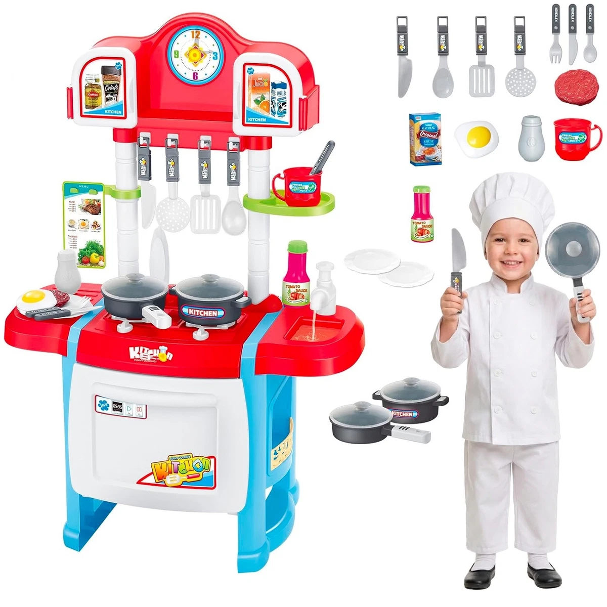 Set cucina bambini con pentole, stoviglie, grembiuli e kit da
