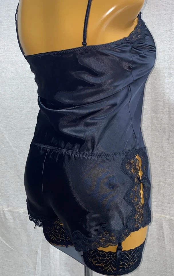 La SENZA Teddy/Playsuit, Black Slippery Glossy Liquid Satin & Lace, UK 14 - Image 4 of 4