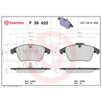 Bremsbelagsatz BREMBO P 36 022, Vorne