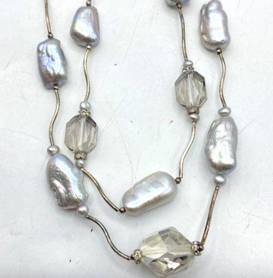 Grey Baroque Pearl Necklace Multi Strand Station Crystal FW 925 Silver LUC 20''