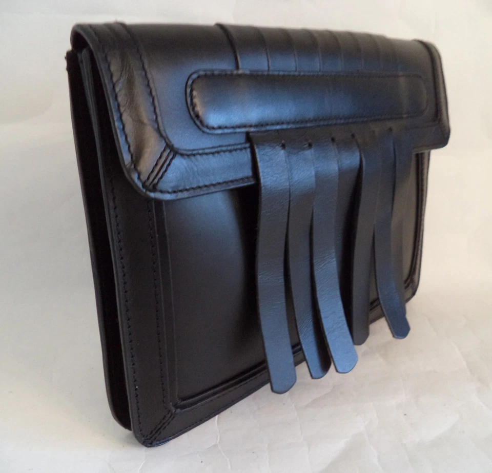 ASOS BLACK LEATHER CLUTCH BAG HANDBAG FRINGE - Image 2 of 4