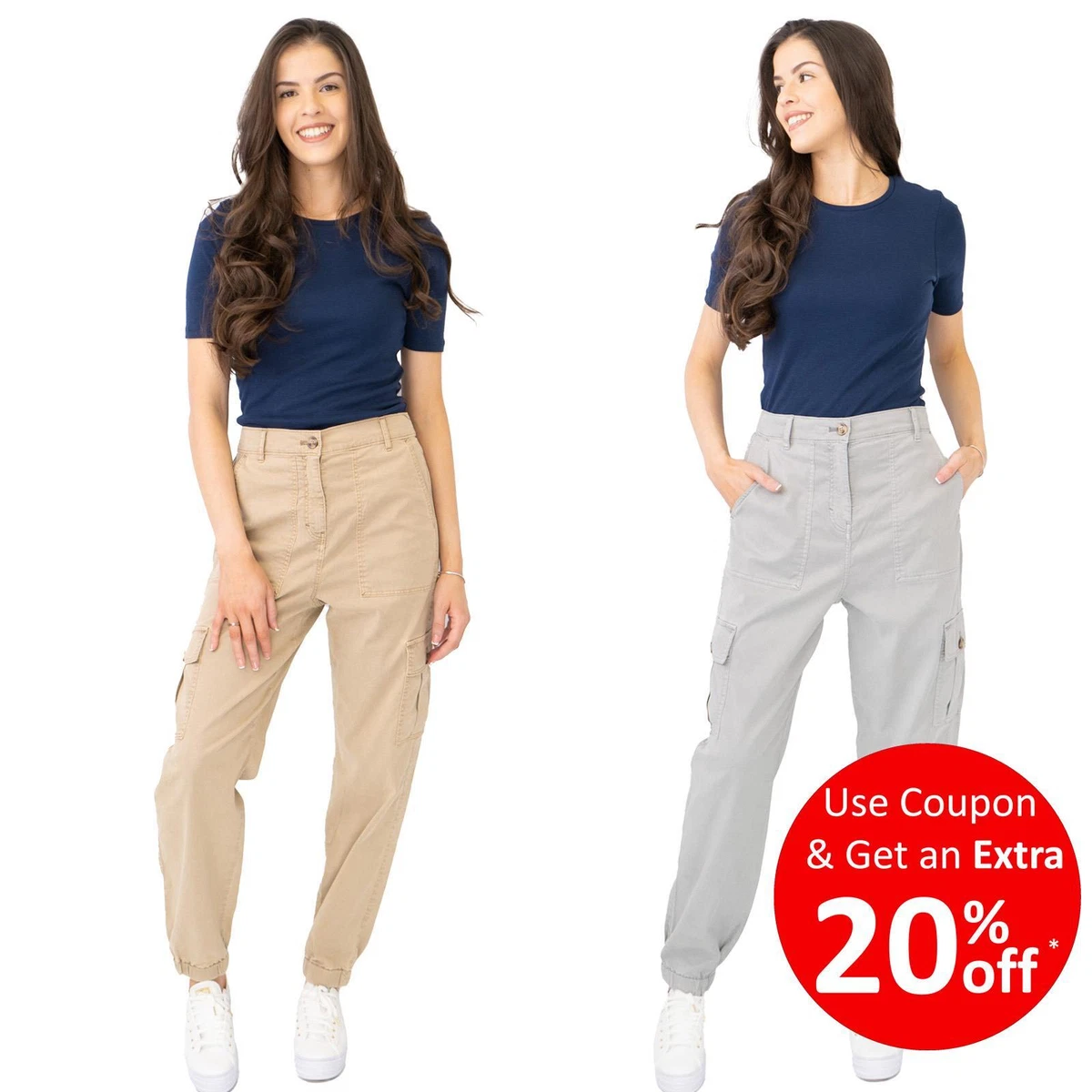 M S Womens Trouser Cargo Tencel Rich Grey Tan Cotton Work Pockets