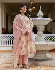 Women's Cotton Printed Straight Kurta with Pant  Dupatta Set