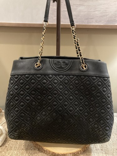 TORY BURCH QUILTED FLEMING BLACK CHAIN TOTE BAG PURSE - Foto 2 di 14