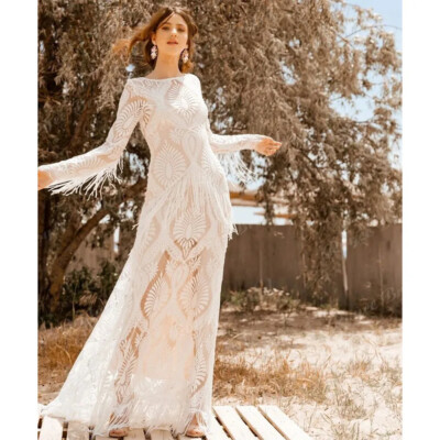 Romantic Tassels Lace Boho Bohemian Long Sleeve Mermaid Wedding Dress