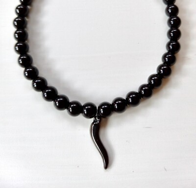 Black Cornicello Bracelet, Black Italian Horn, Slim, Protection, Onyx Beaded