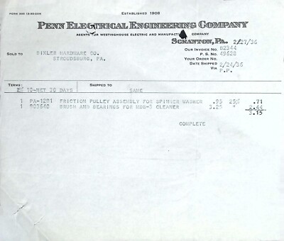 1936 Penn Electrical Engineering Co. Invoice Scranton PA Bixler Hardware