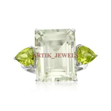 Natural Green Amethyst Peridot with 925 Sterling Silver Ring for Women's 4358