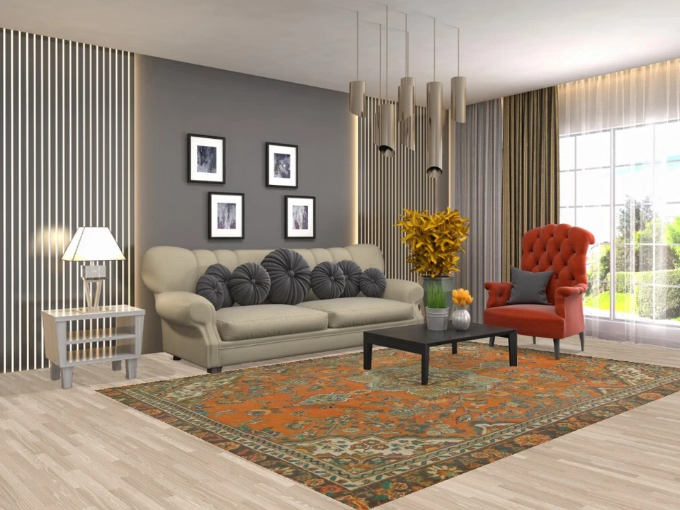 Vintage Orange Wool Hamedan Living Room Rug 7x10 Hand-knotted Traditional Carpet - Image 2 of 4