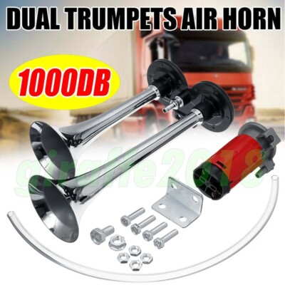 Vixen Horns Loud 2/Dual Trumpet Train Air Horn With Two Compressors Full Complete System Kit Black 12v Vxh2311db