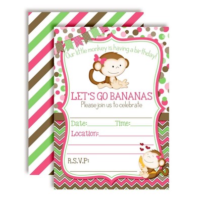 Little Monkey Birthday Party Invitations for Girls 20 5x7 Fill In Cards with ...