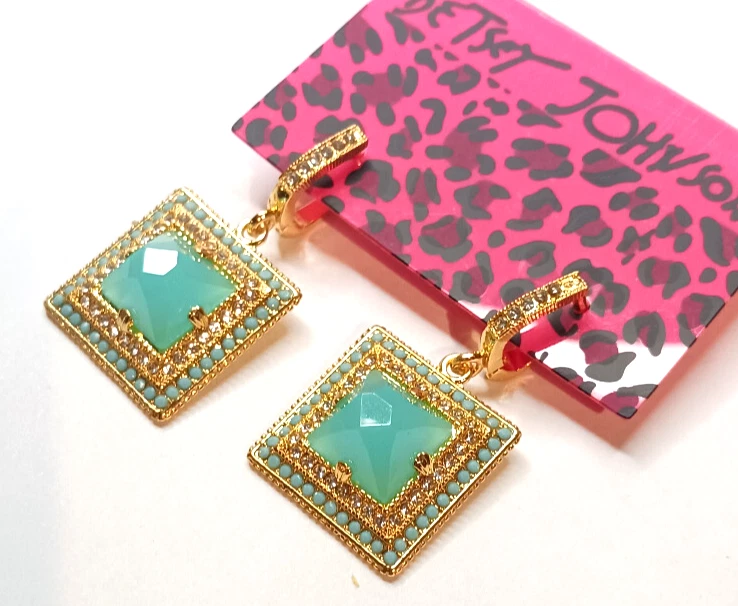 Elegant Turquoise Square JEWELS Blue Green Rhinestone Betsey Johnson Earrings - Image 3 of 4