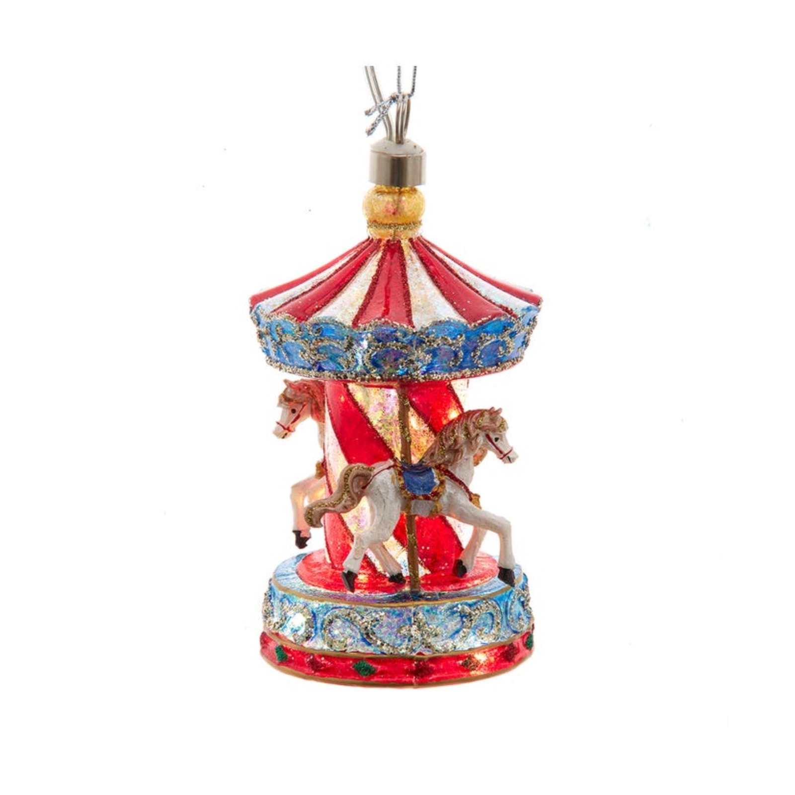 Kurt Adler Pre-lit Glass Ornament, Warm White LED's, Carousel