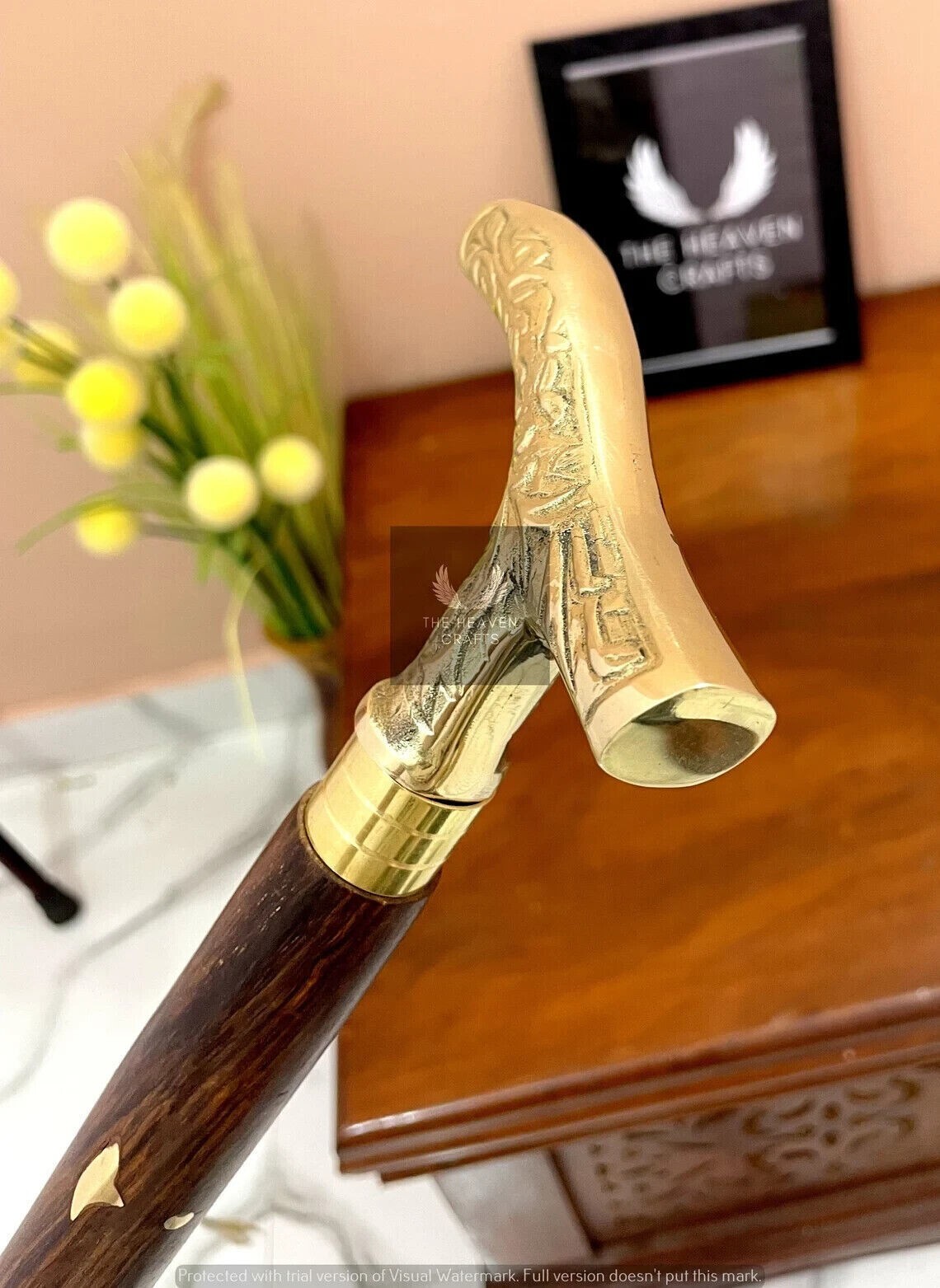 Solid Brass Designer Handle Walking Cane Wooden S… - image 5