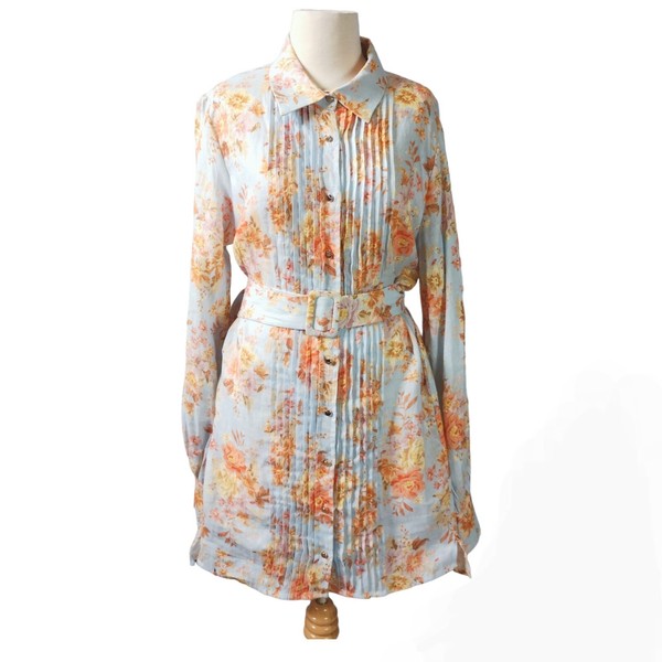 Winona Label Womens Size 12 Blue Orange Medika Shirt Linen Dress Blouson Sleeves