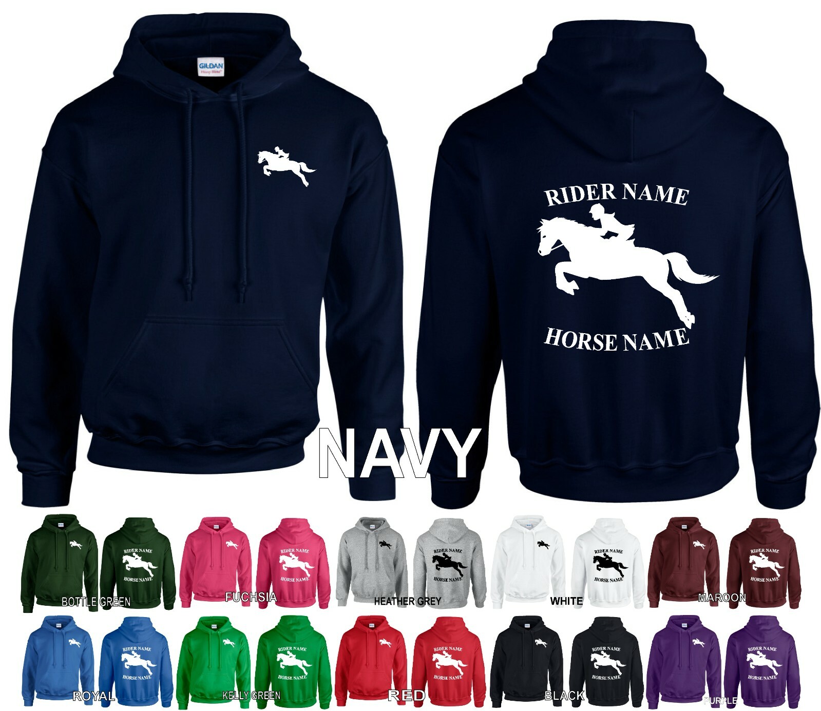 Felpa con cappuccio cavallo personalizzata petto sinistro schiena stampa equitazione JOCKEY PONY REGALO NATALE