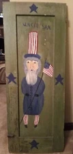 Primitive Hand Painted Uncle Sam Americana Sign Picture On Antique Cupboard Door