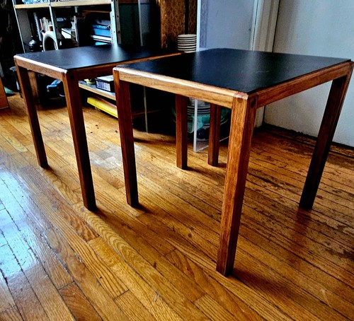 Vintage 60s Modern Walnut+Black Laminate Square Side End Occasional Tables x2 - Picture 3 of 23