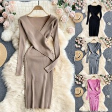 Women Knit Sweater Dress V-neck Long Sleeve Bodycon Stretch Slim Casual Sexy